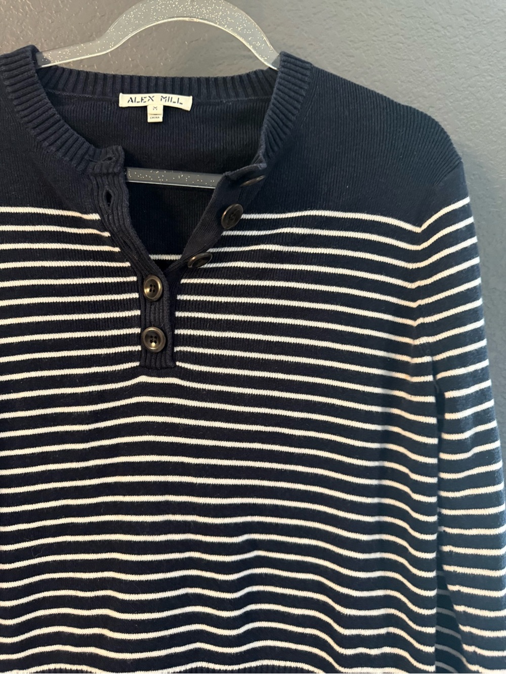 ALEX MILL • Marine Navy & White Striped Henley Sweater - Medium - Picture 3 of 5